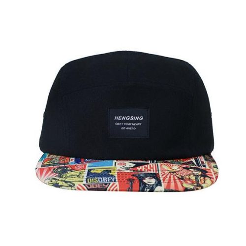 Custom 5 Panel Sports Hat Mens Fashion Black Camper Cap